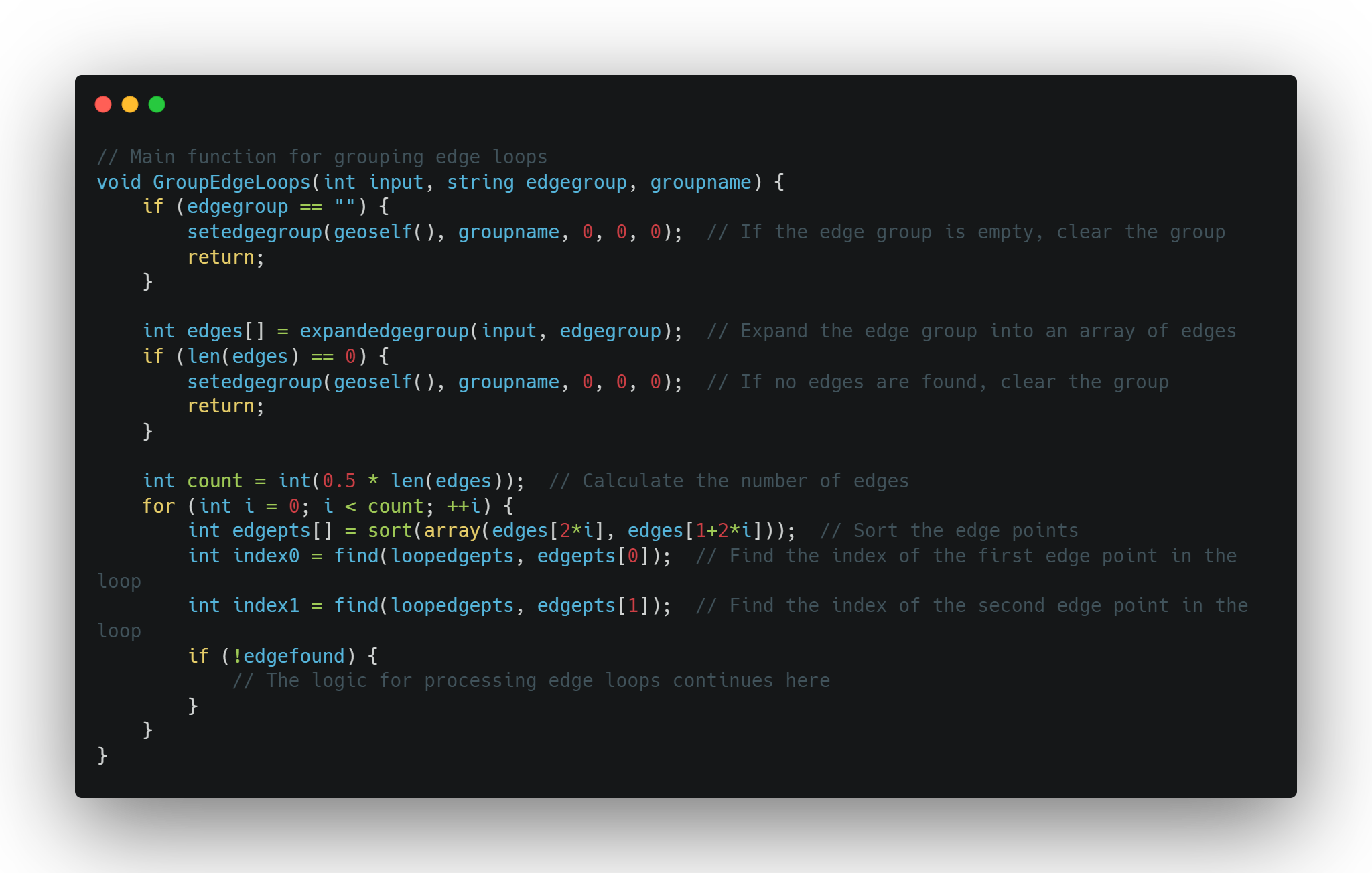 Code snippet displaying `void groupEdgeLoops` function for grouping edge loops.