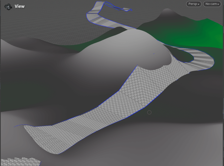 Abstract 3D model with a winding, checkered path over smooth, hilly terrain. Background blends gray and green hues. Text: View, Persp, No cam.