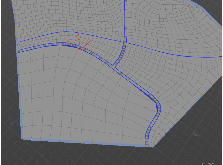 A 3D modeling mesh with curved blue lines and grid pattern on a gray surface, featuring orange points and numerical annotations.