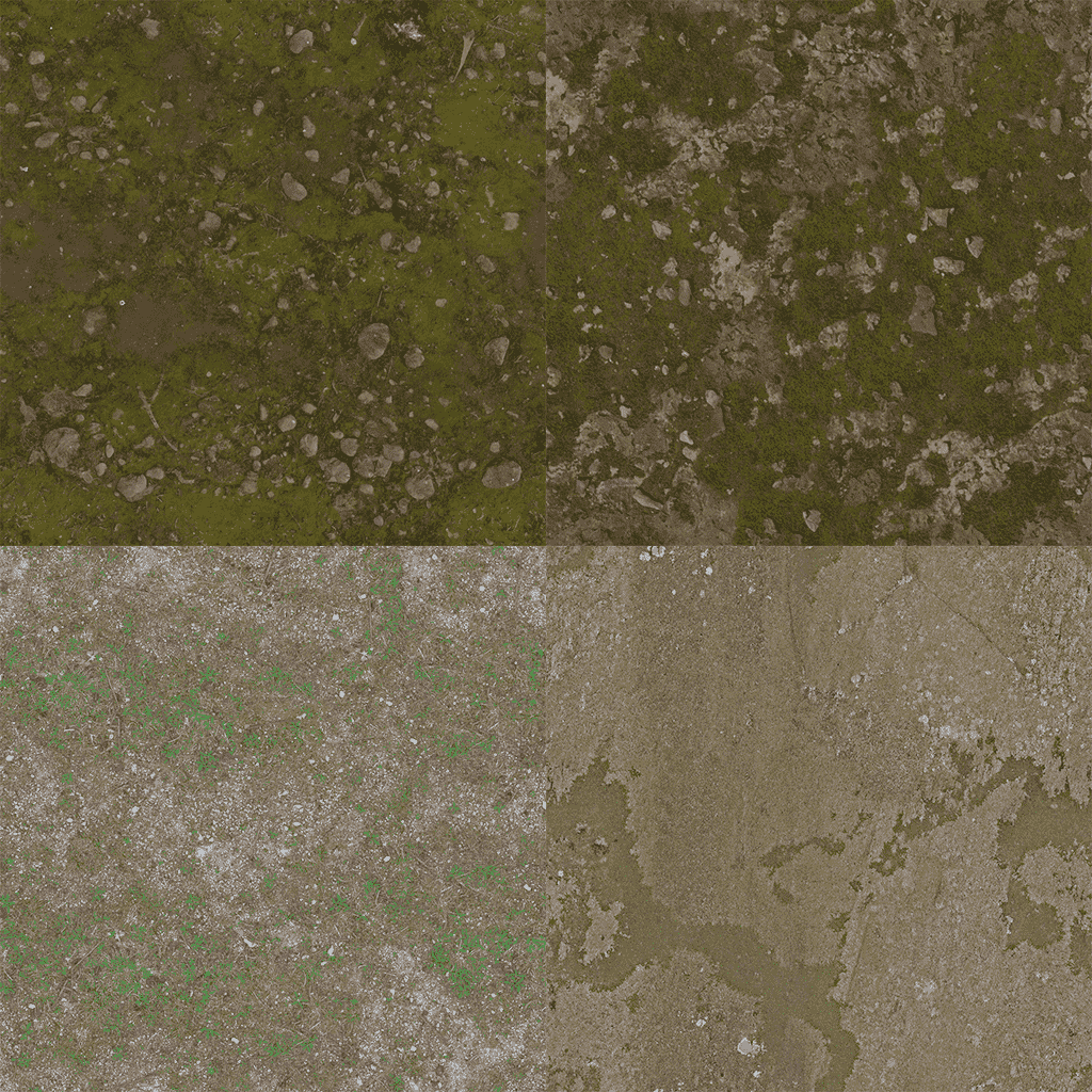 Four distinct procedural ground textures for procedural environment creation Houdini.