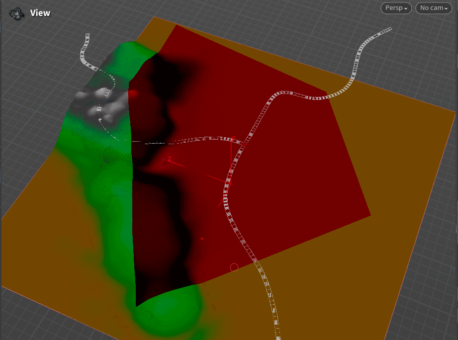 A 3D terrain model with red and green areas, curved gray lines, and grid background. Text "View" visible in a digital design interface.
