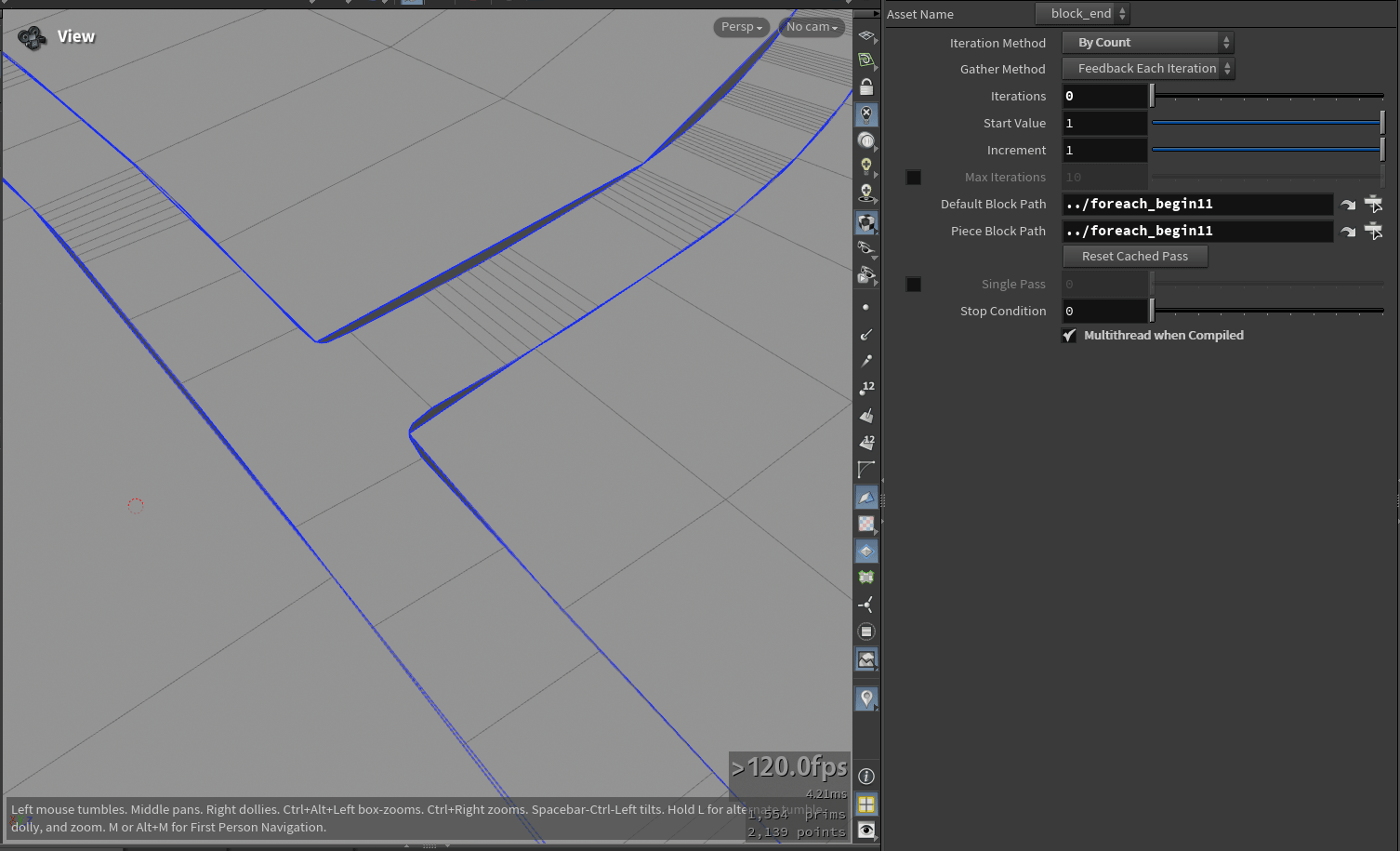 Gray 3D modeling software interface showing a grid with blue outlines and a settings panel on the right. Text at bottom guides navigation.