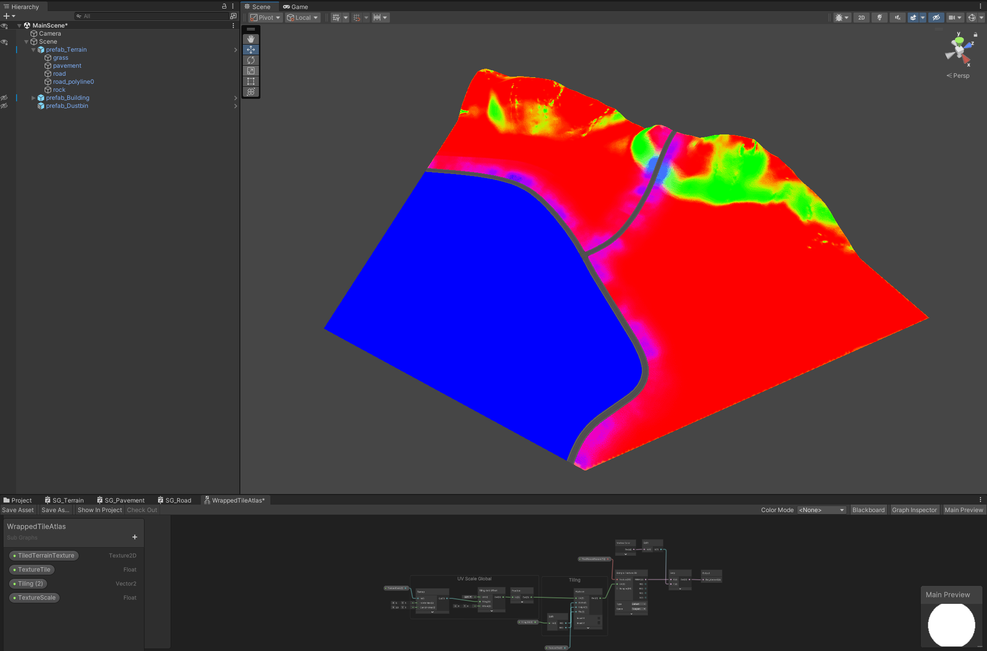 3D terrain map in Unity editor displaying colorful elevation data with red, green, and blue areas. UI panels show project assets.