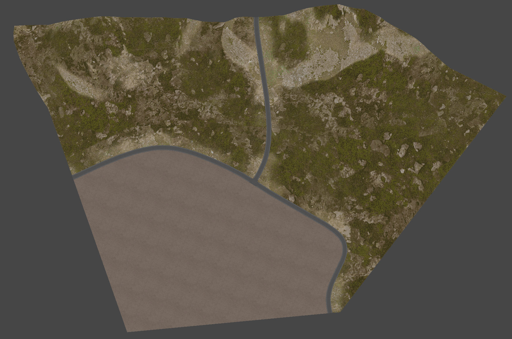 Aerial view of a terrain map with a winding road dividing a brown rocky area and green vegetation. The background is dark gray.
