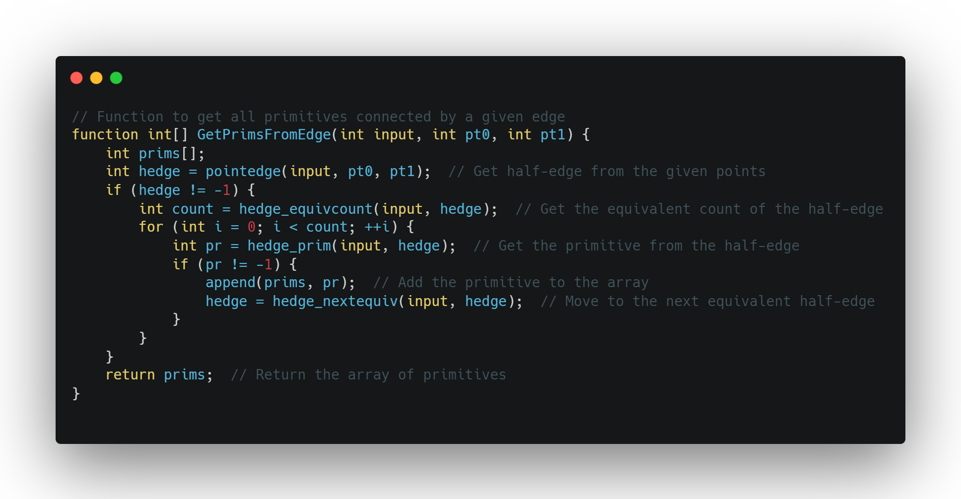 C-like code function getPrimsFromEdge for connected primitives.