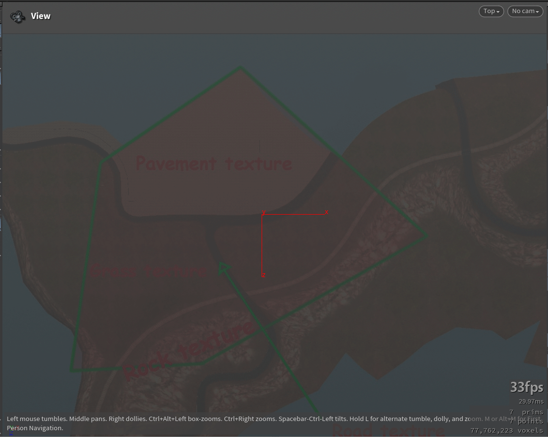 3D terrain map with labeled textures: Pavement, Grass, Rock, and Road. Red and green axes overlay. Text instructions at the bottom.