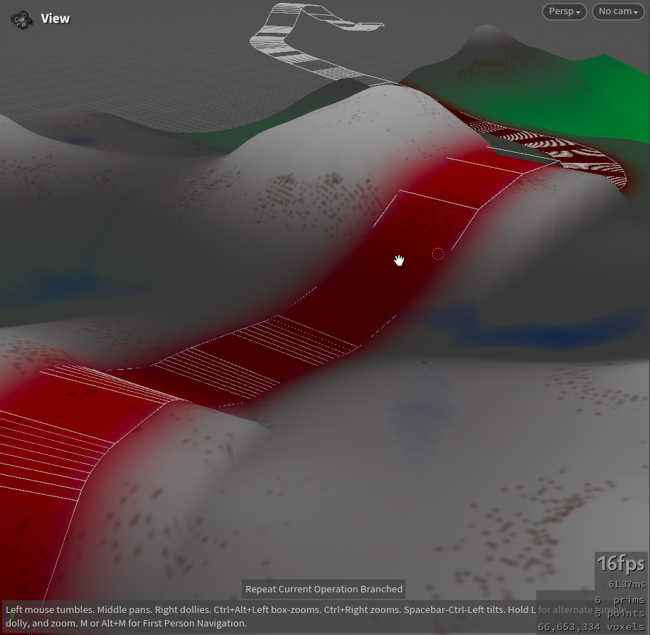 3D terrain with red and white paths winding over hills. A hand cursor hovers above. Text displays navigation controls.