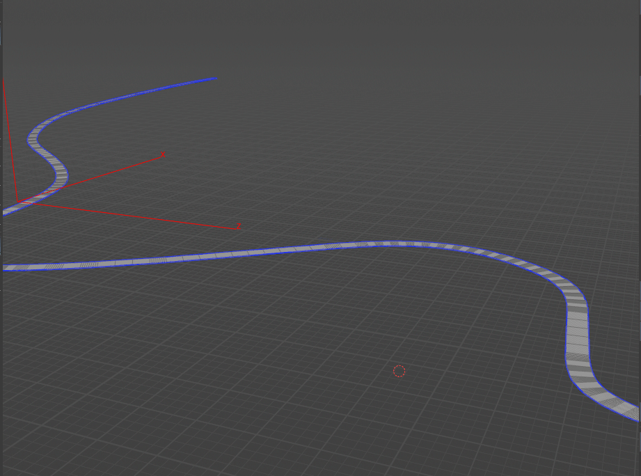 A 3D modeling interface shows a curving blue line on a grid background with red axes. The mood is technical and precise.