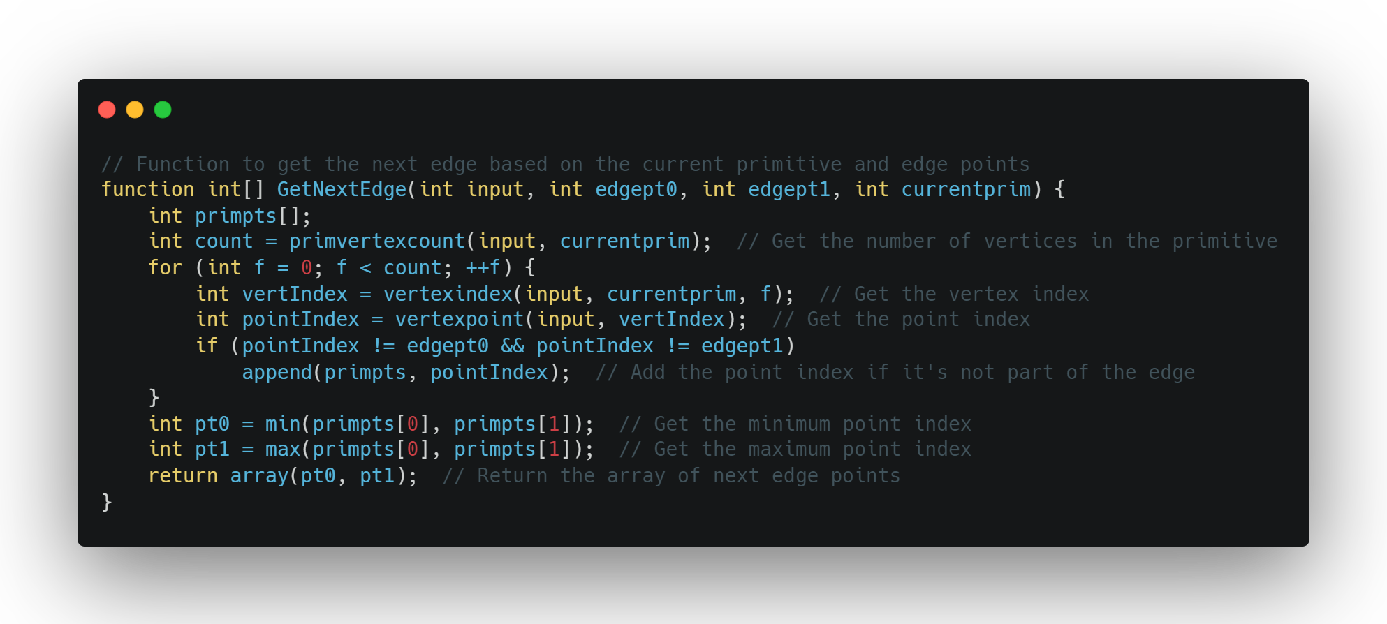 Houdini VEX GetNextEdge function code to find primitive edge points.