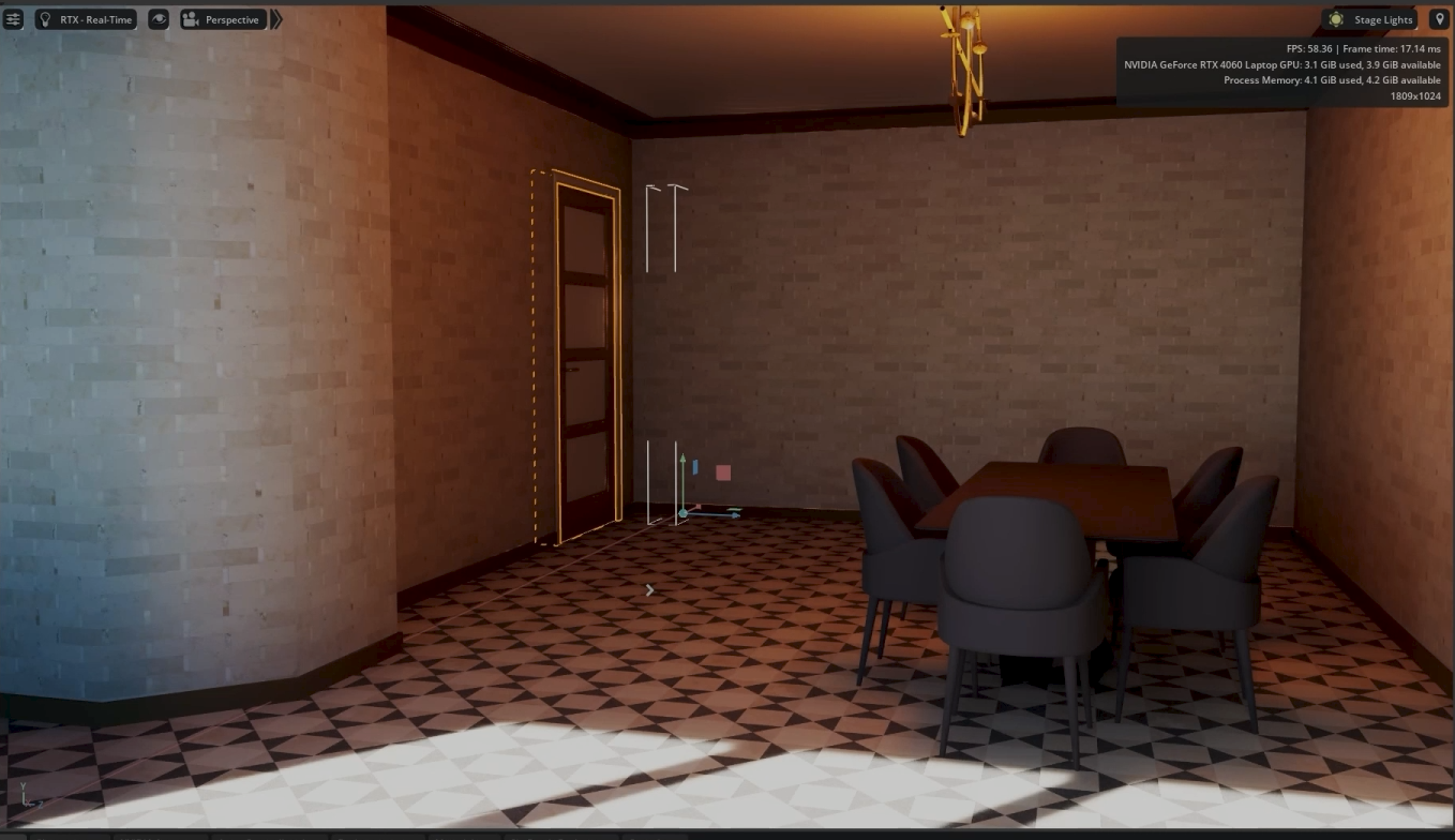 USD interior scene variant displayed in NVIDIA Omniverse.