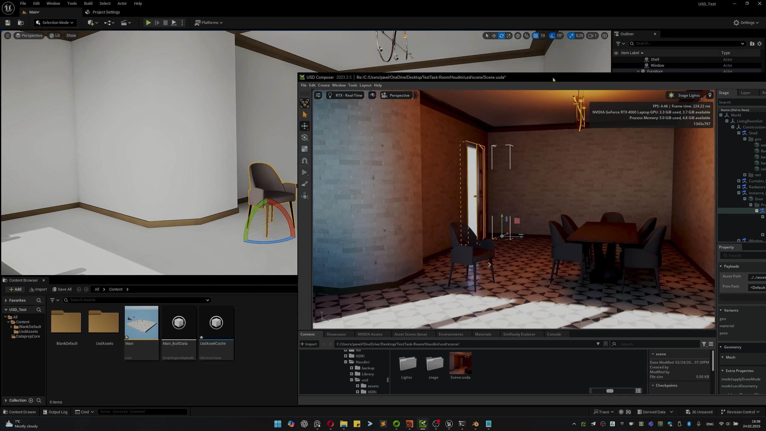 Live USD scene update shown between NVIDIA Omniverse and Unreal Engine, where a transform change is propagated across tools.