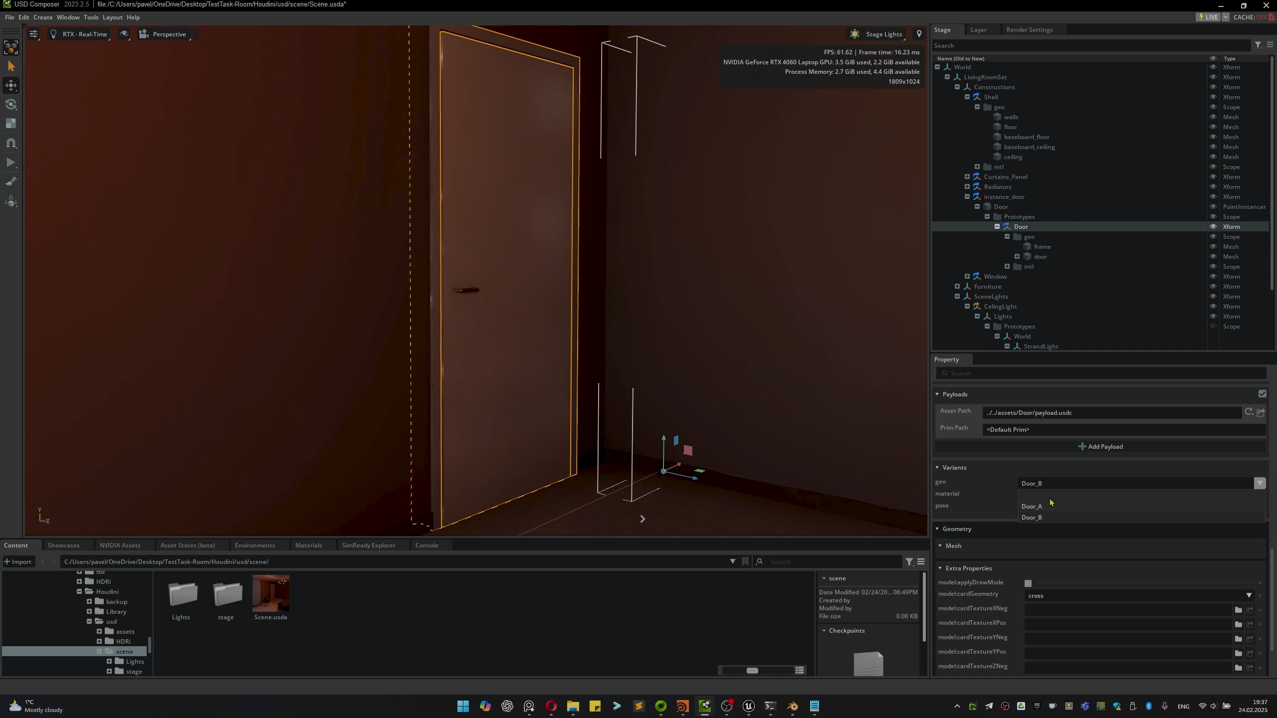 Door asset variants evaluated in Unreal Engine. Different models are switched using USD variants whi