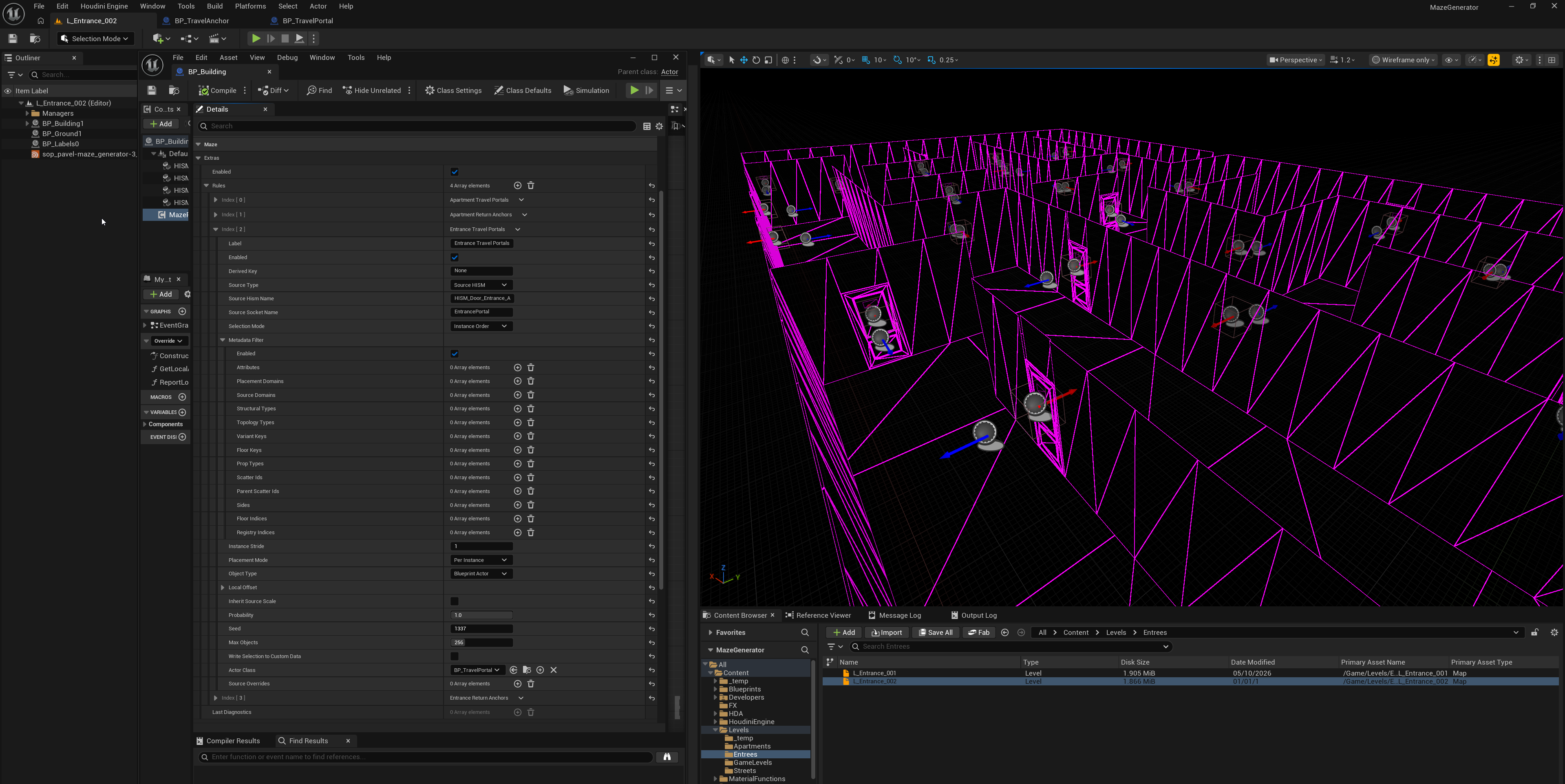 Unreal Engine Extras rules for Portal and Anchor actors alongside a wireframe entrance interior with travel actors at generated doors